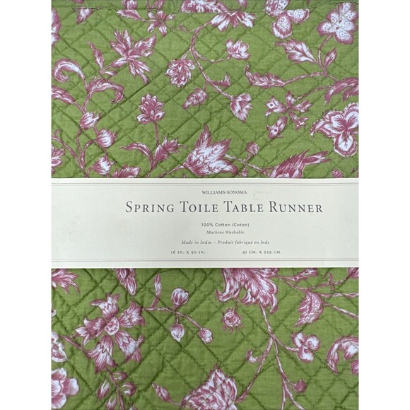 WILLIAMS SONOMA Spring Toile Table Runner Pink Green 16" x 90" NEW Reversible - Picture 2 of 6